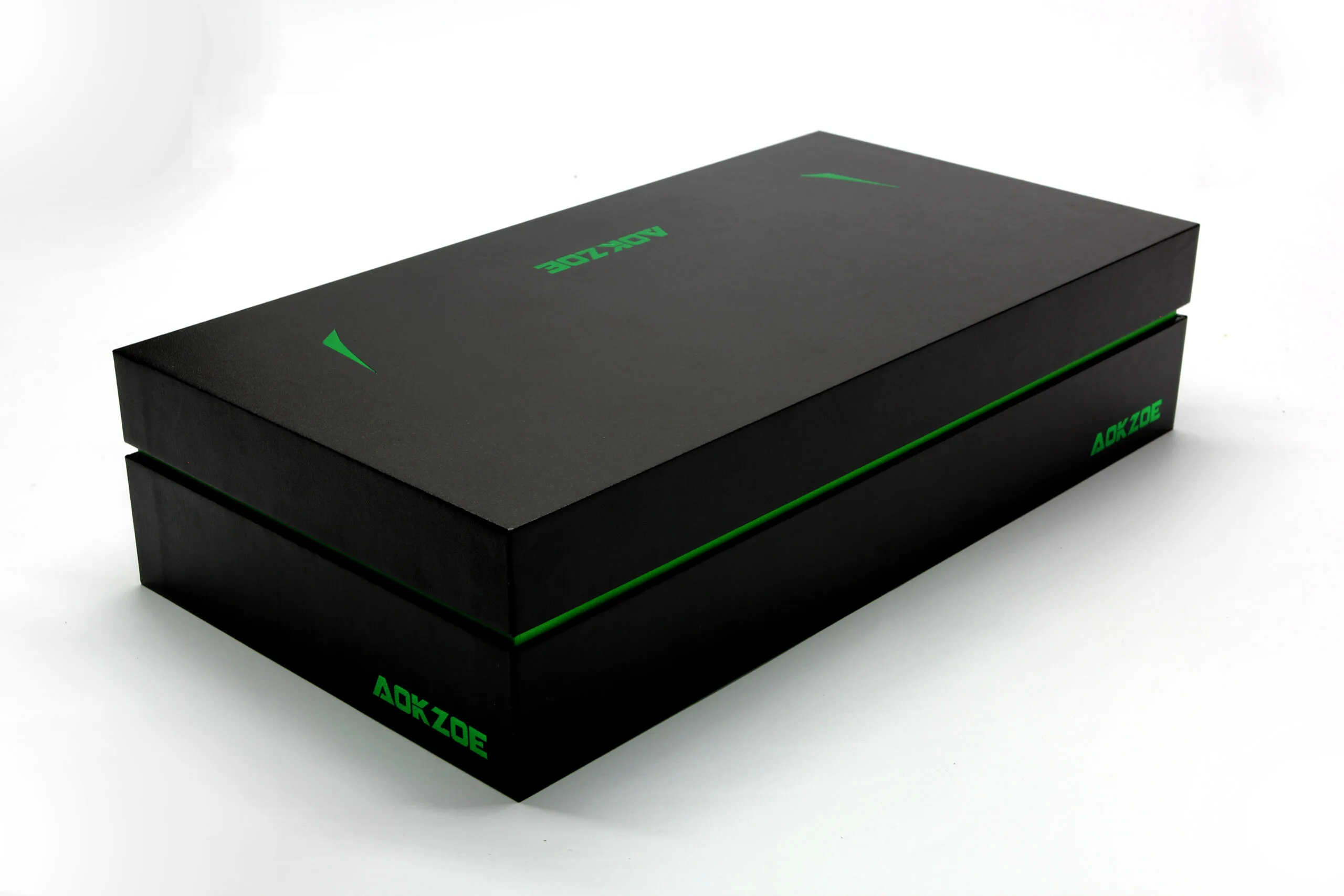 Custom electronics gift box with magnetic closure lid — side view