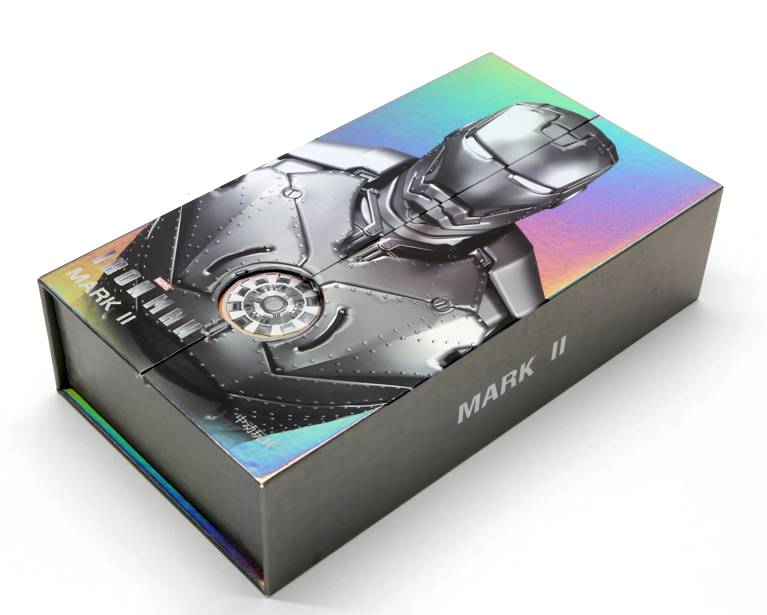 Side angle view of custom holographic electronics packaging box showing foil texture