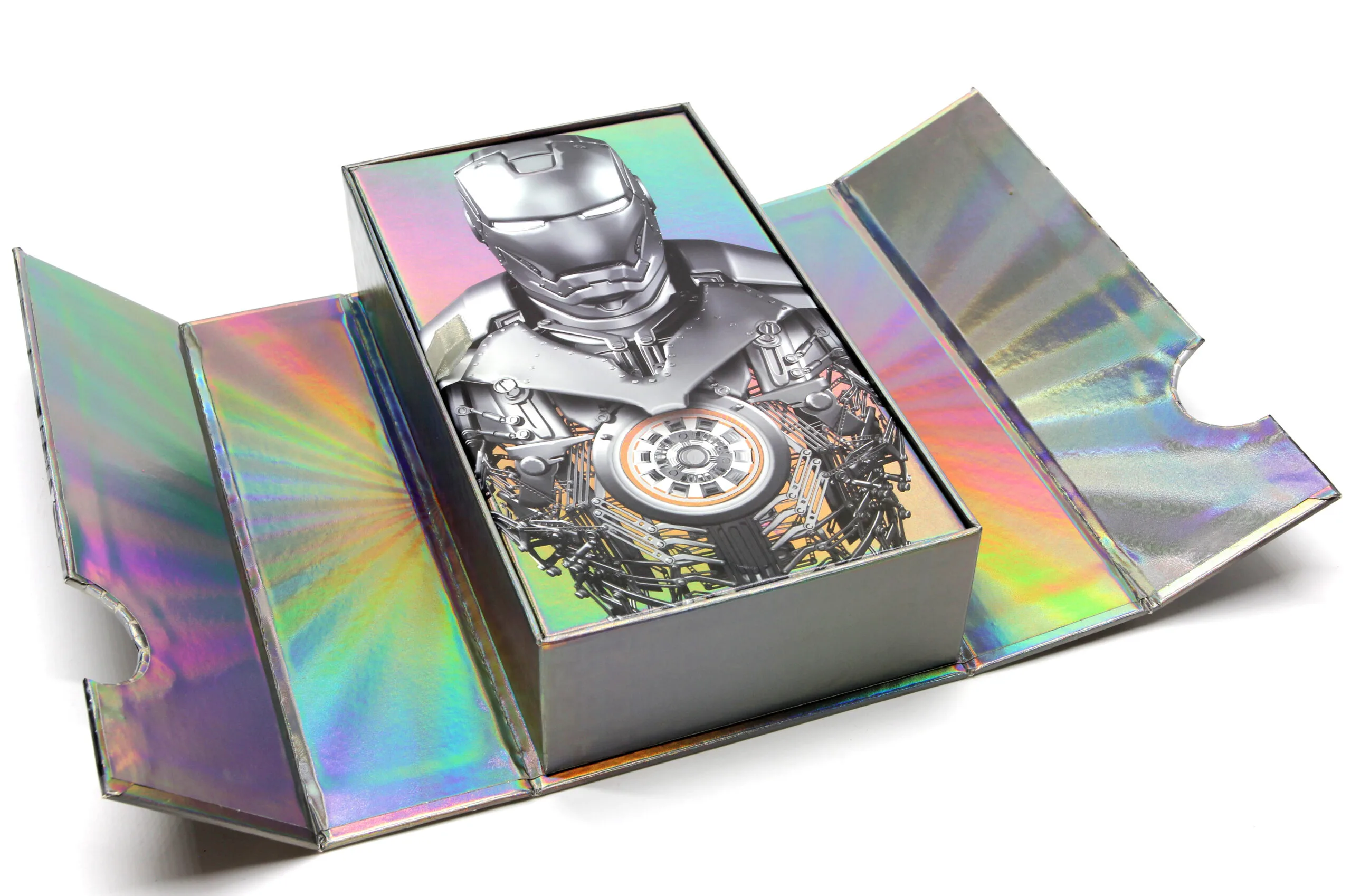Interior insert view of custom holographic electronics gift box with protective tray