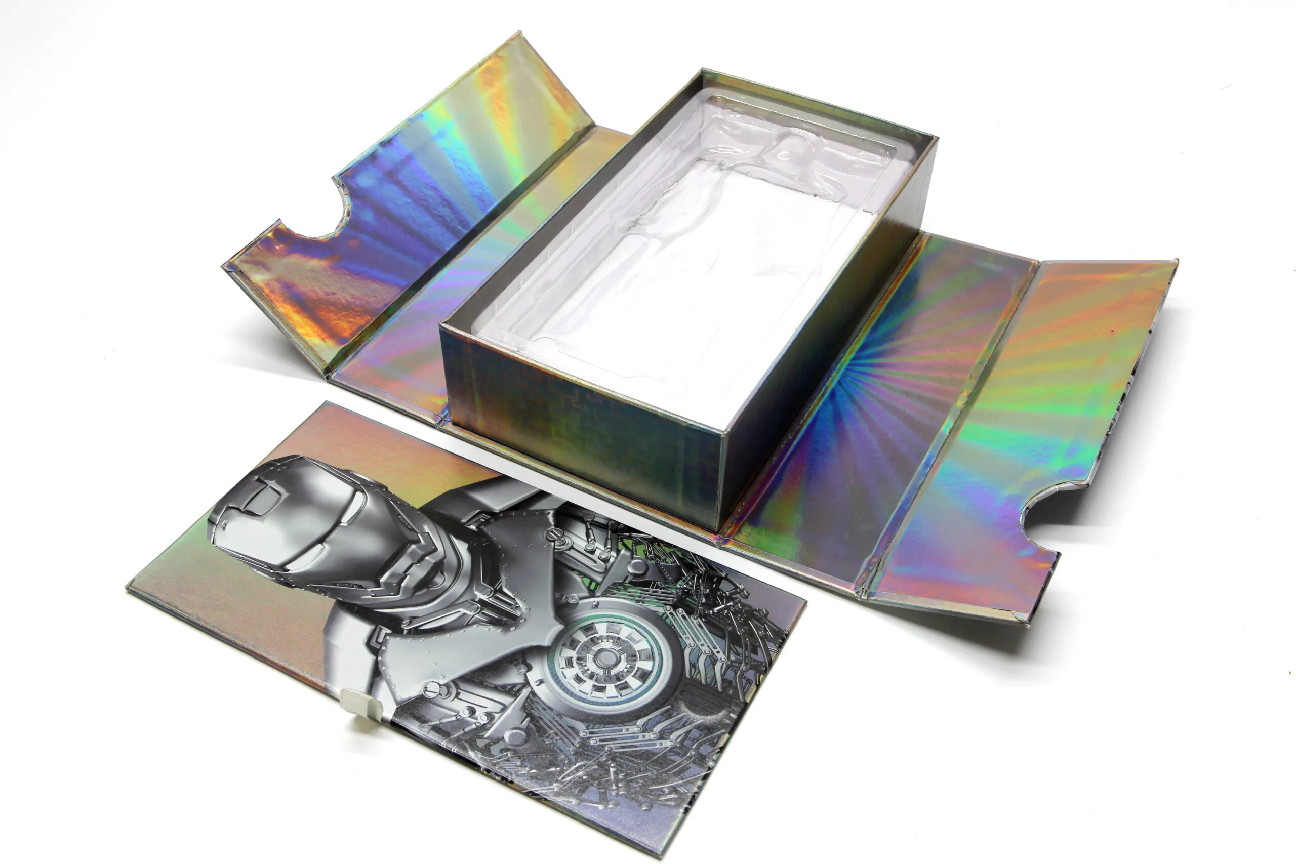 Close-up of holographic foil surface effect on custom electronics gift box