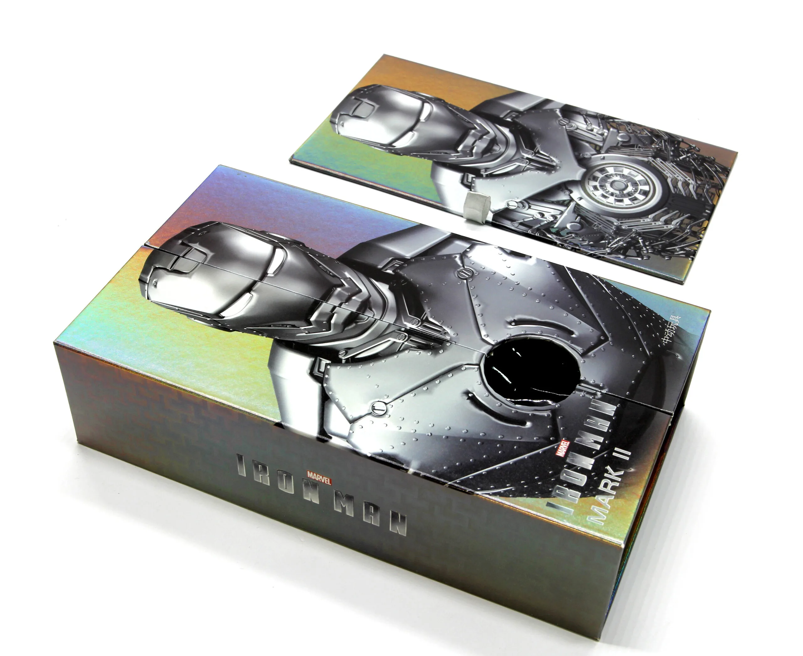 Open lid view of custom holographic gift box showing interior — premium 3C electronics packaging