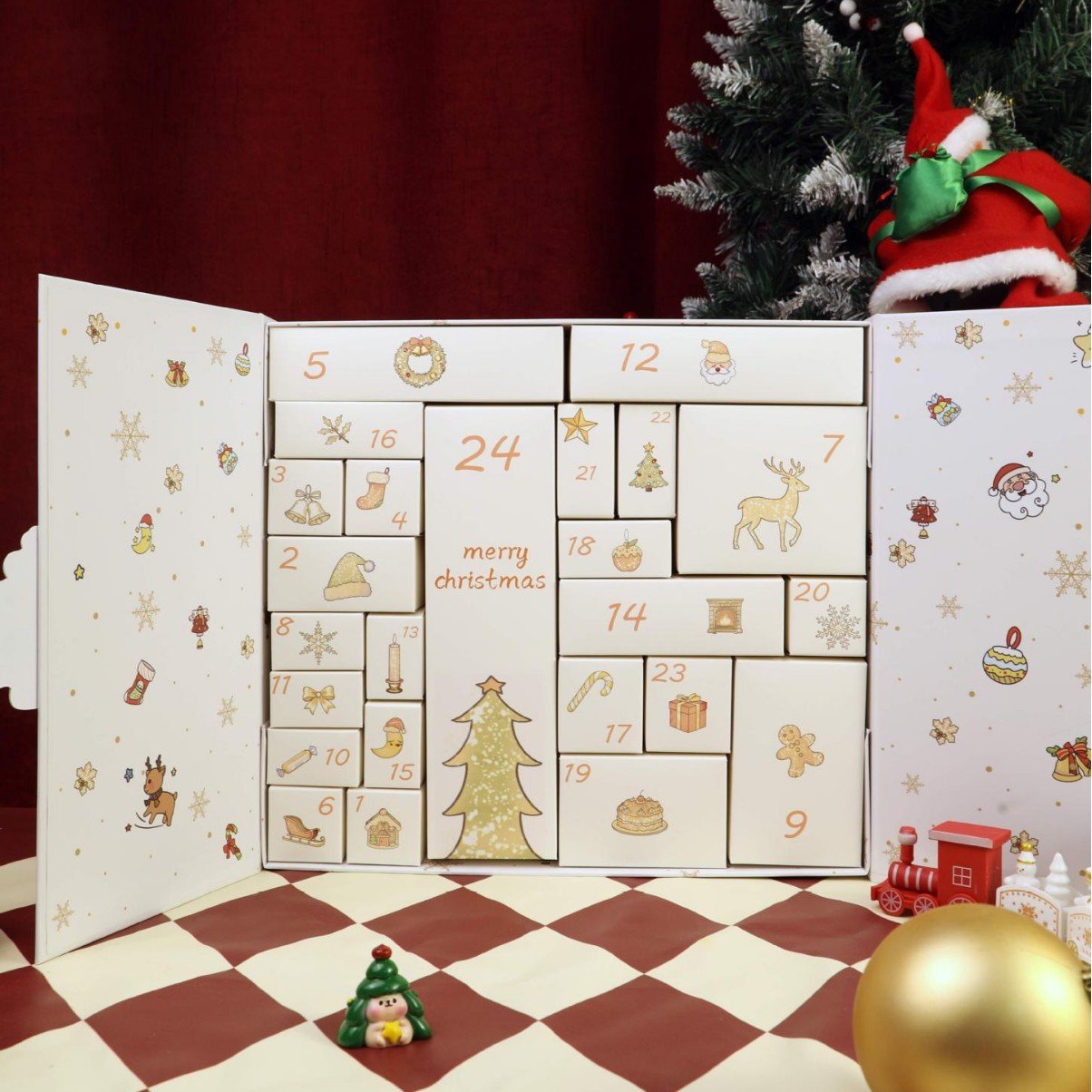 White Christmas advent calendar box with reindeer checkerboard design