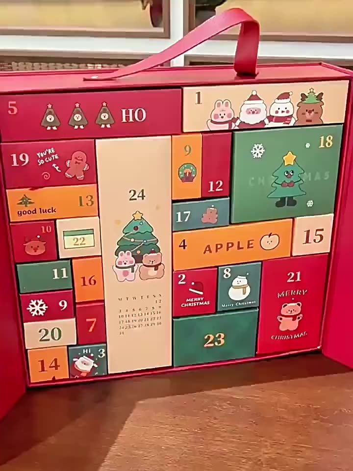 Colorful kids advent calendar box with cartoon Christmas characters