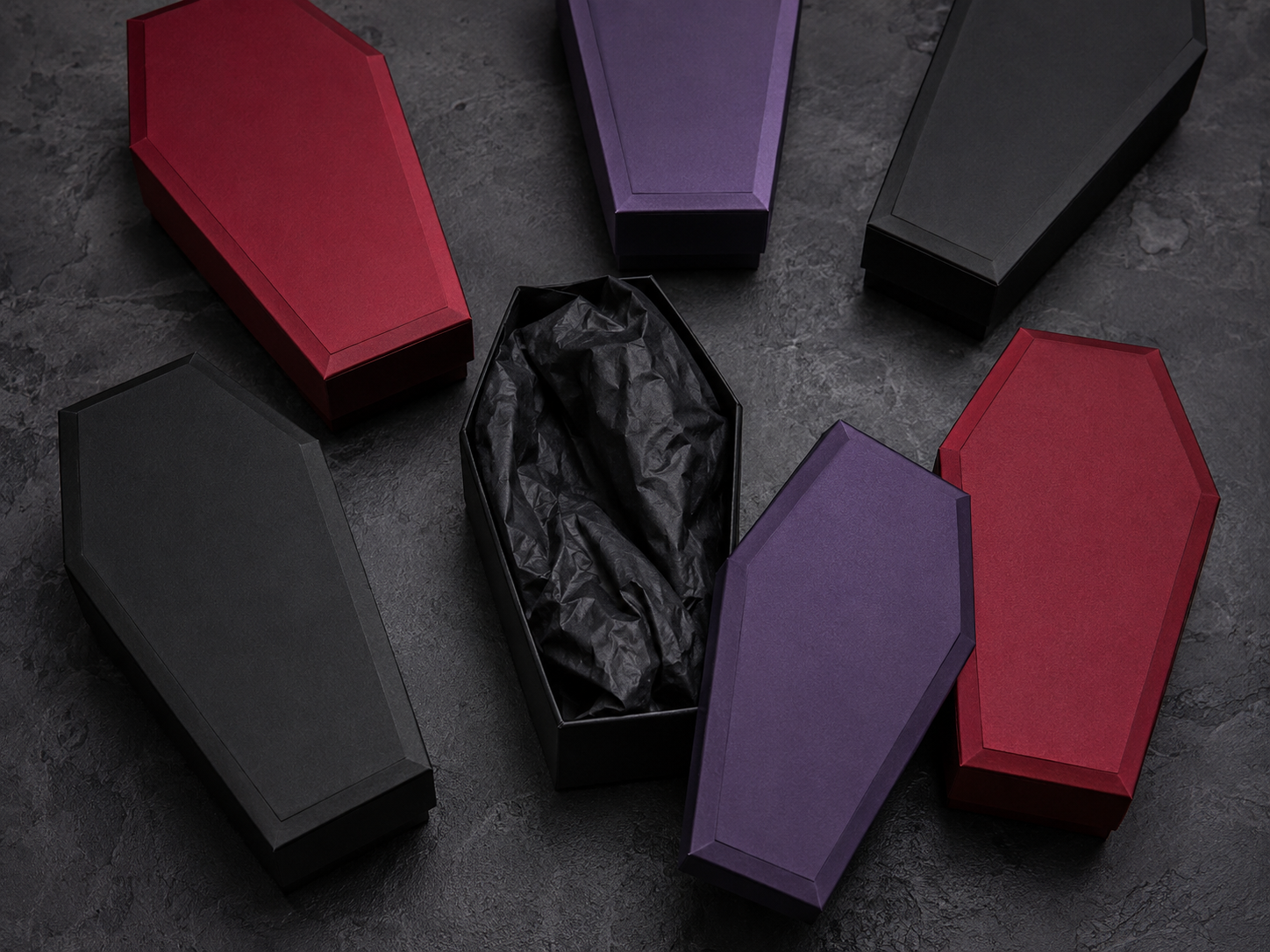 Coffin gift boxes used for candles, jewellery, chocolates and artisan products