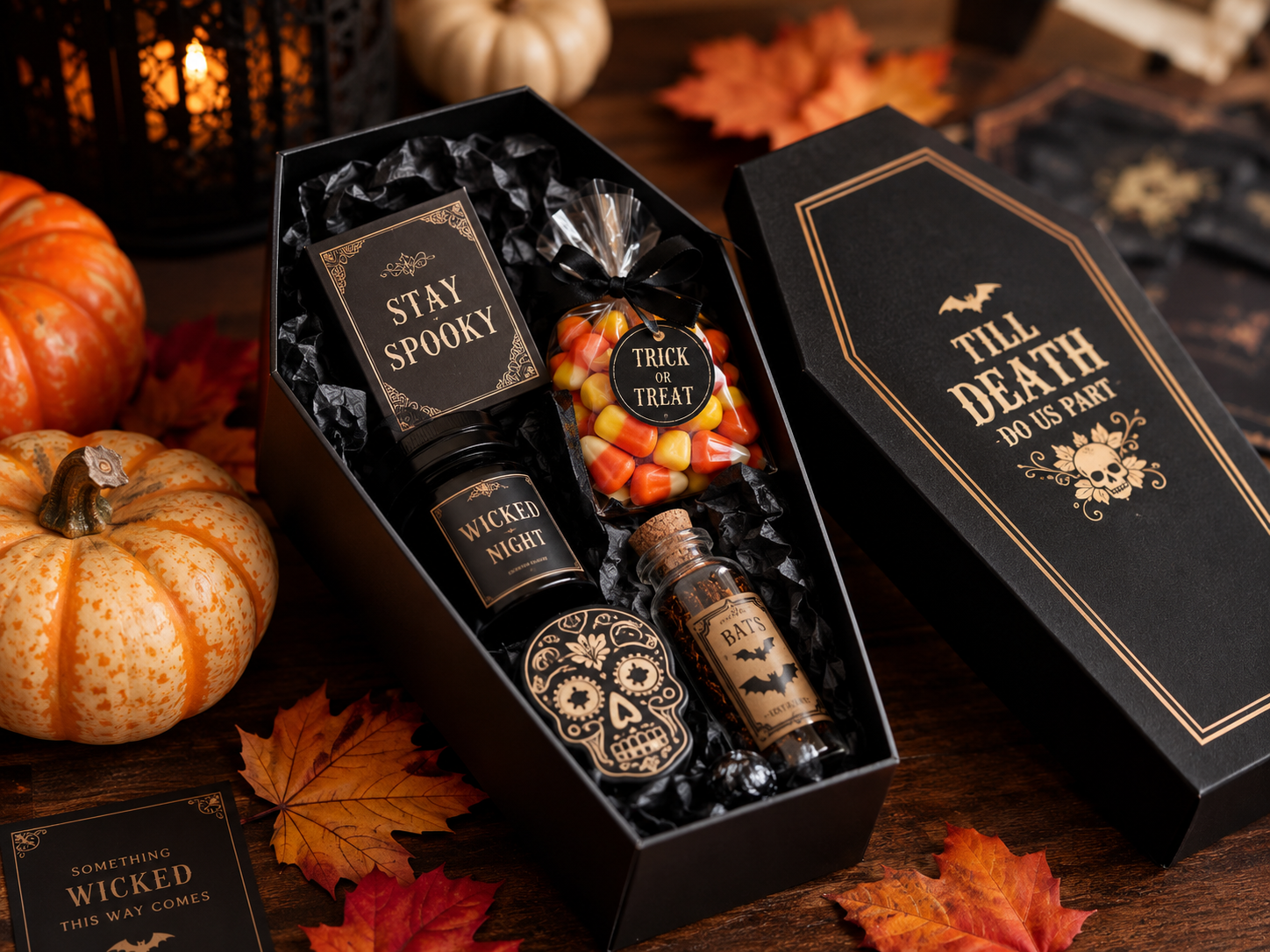 Coffin gift box closure styles including lift-off lid, hinged lid and magnetic closure