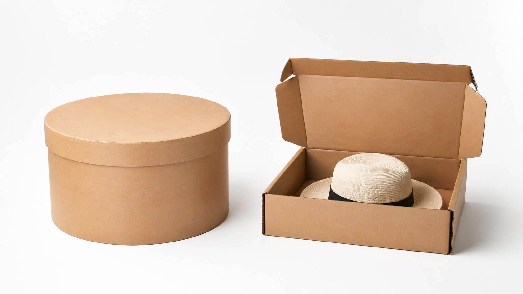 Different hat types including baseball caps fedoras wide brim and cowboy hats in shipping boxes