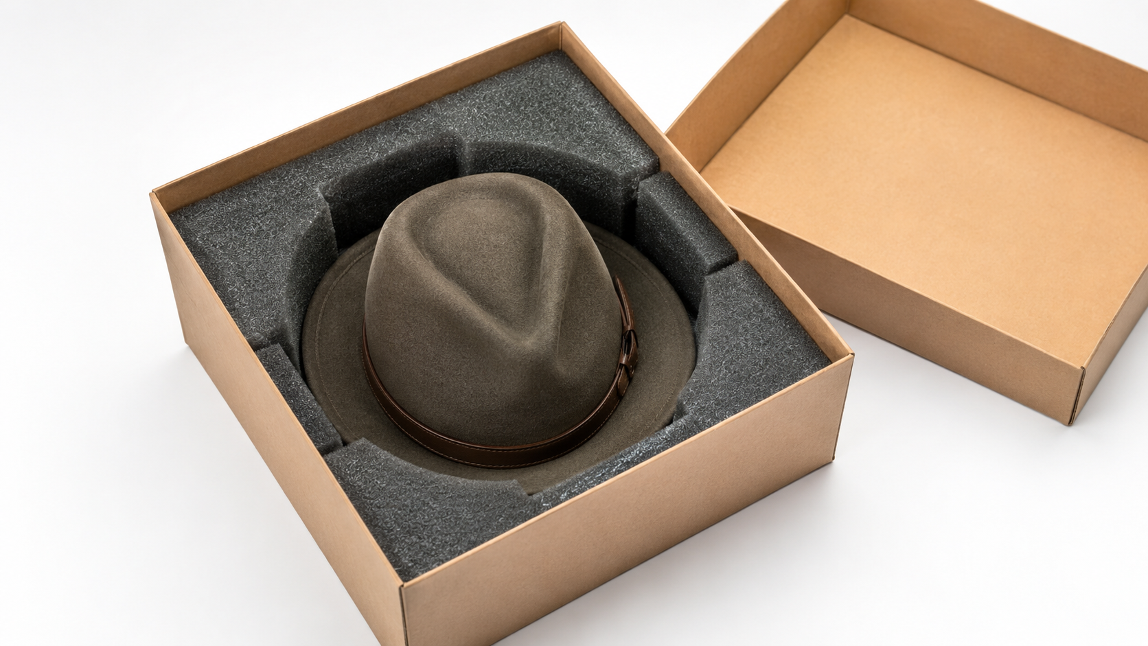 Structural features of a hat shipping box including interior padding and lid and base closure