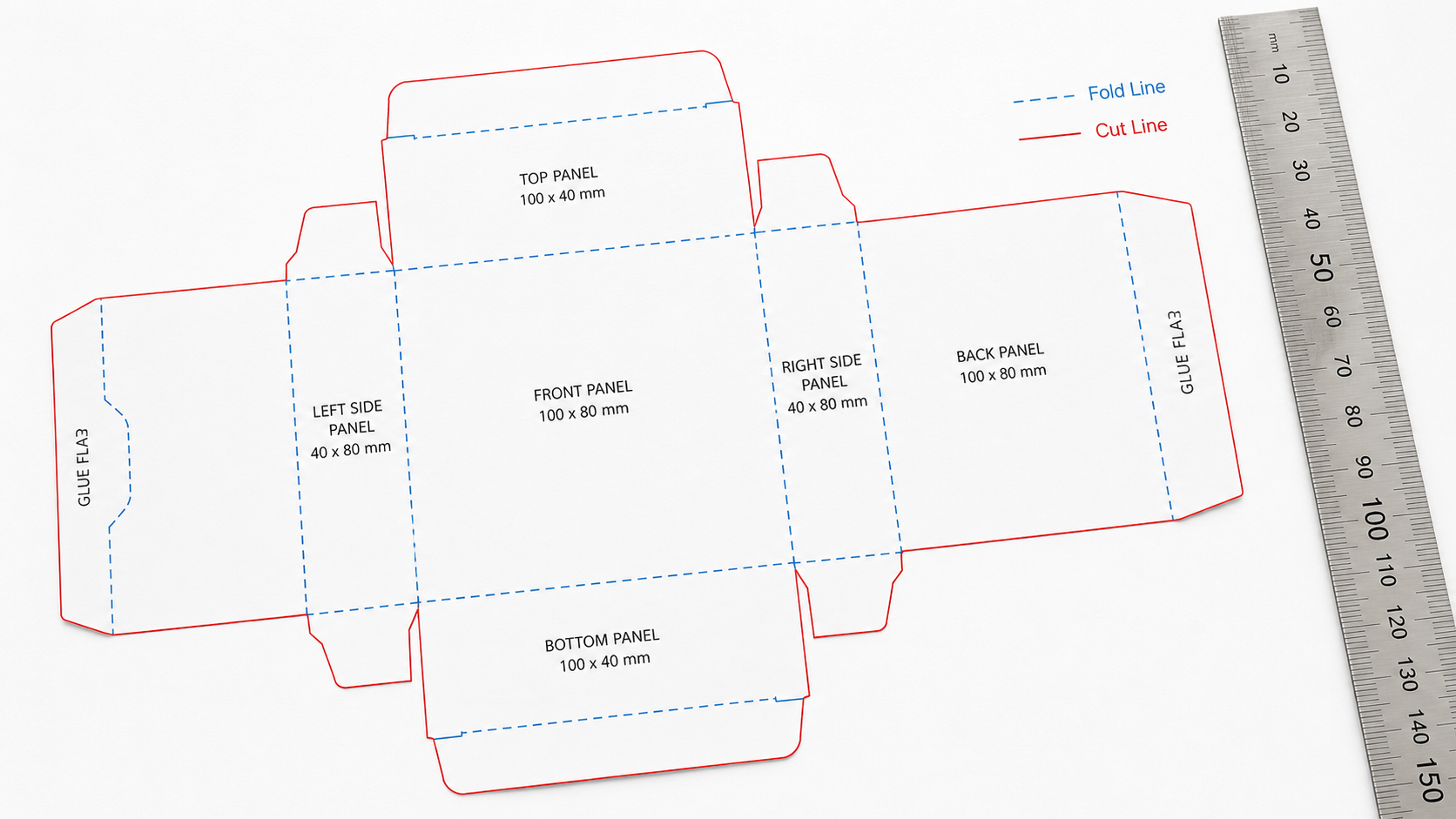 Box template dieline showing cut lines score lines bleed areas and safe zones for packaging design