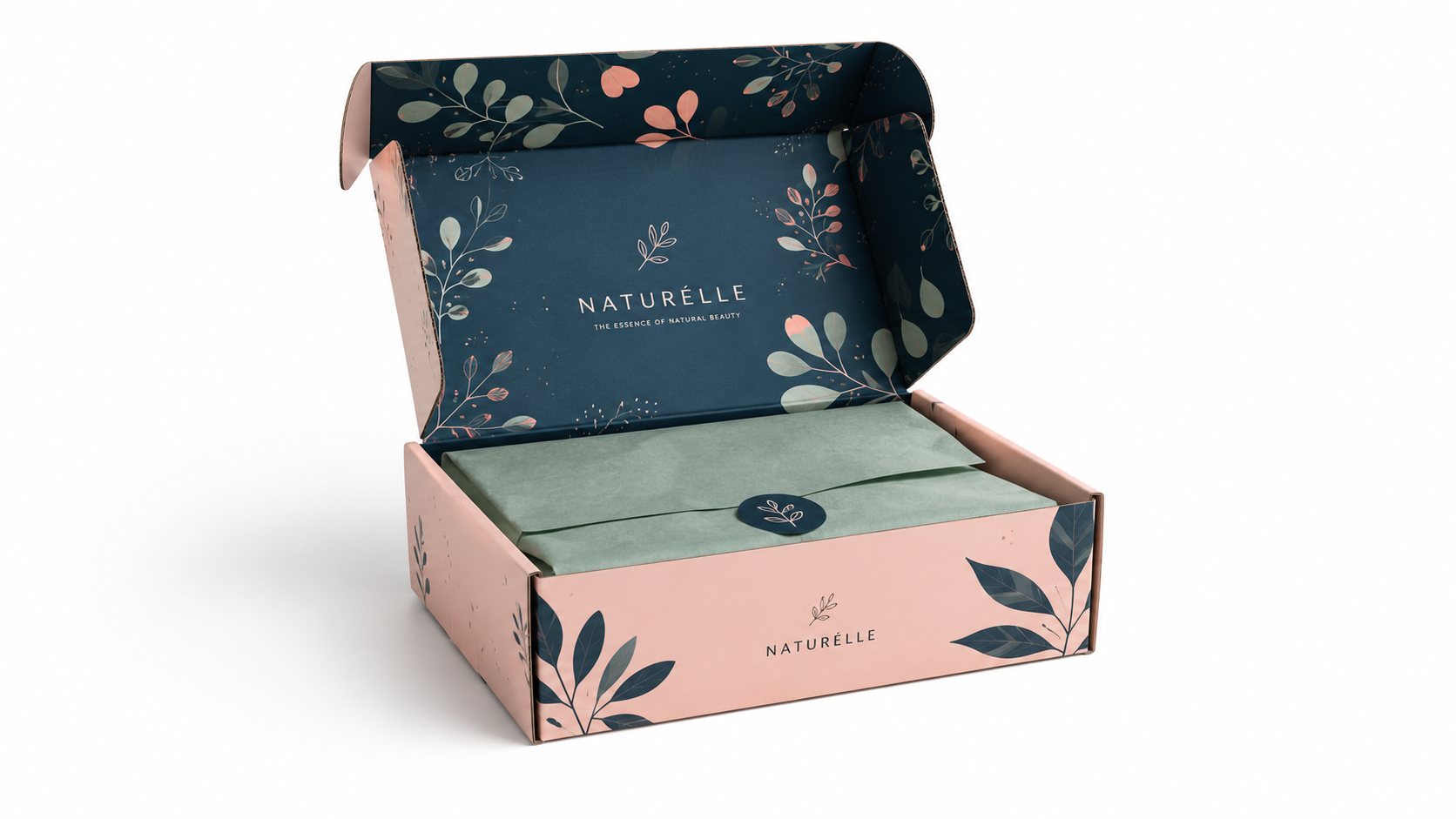 E-commerce packaging designs including premium mailer boxes and tissue paper with branded seal
