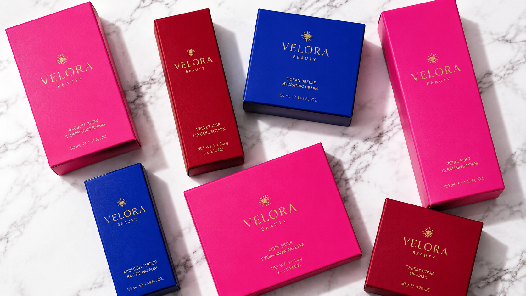 Comparison of five cosmetic box design styles by brand positioning, price point, and differentiator