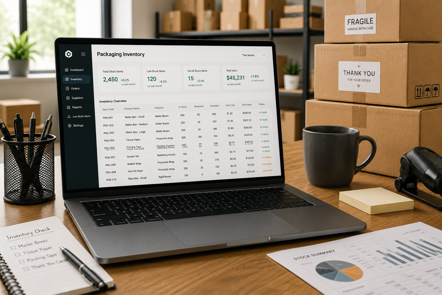 Packaging inventory register spreadsheet showing SKU tracking and reorder points