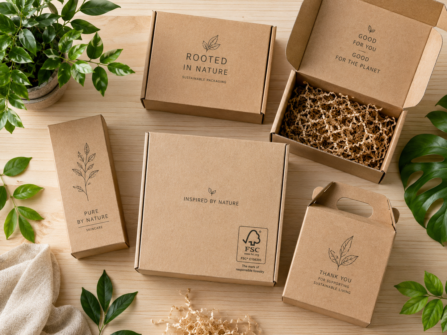 Eco-friendly sustainable packaging with FSC-certified kraft paperboard and natural materials