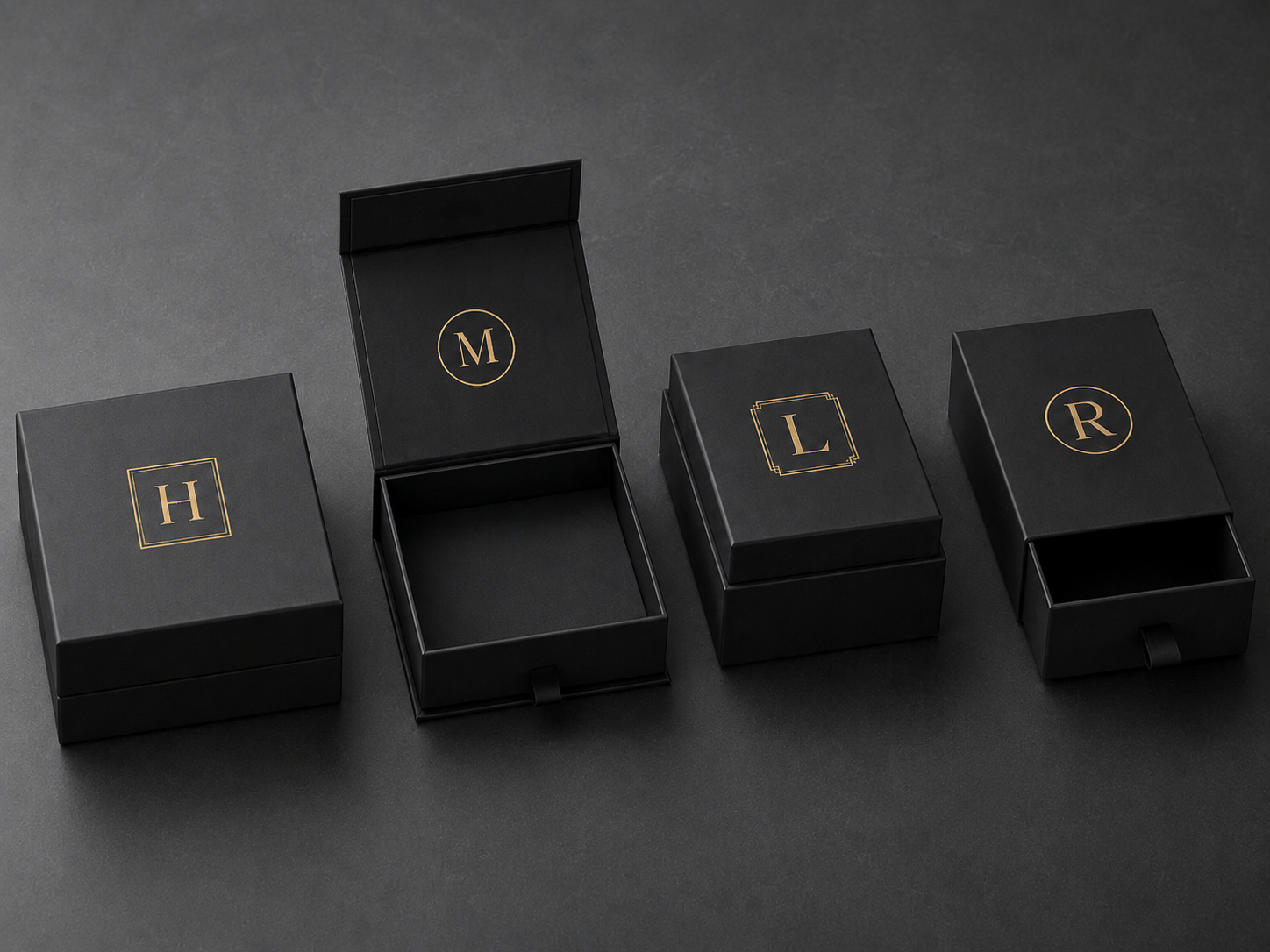 Four types of premium custom rigid boxes - two-piece, book-style, magnetic closure, and shoulder box