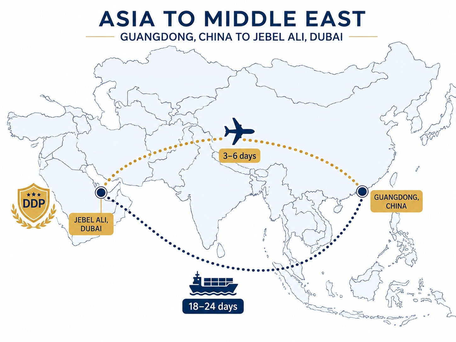 DDP shipping from China to UAE Dubai packaging lead time map infographic