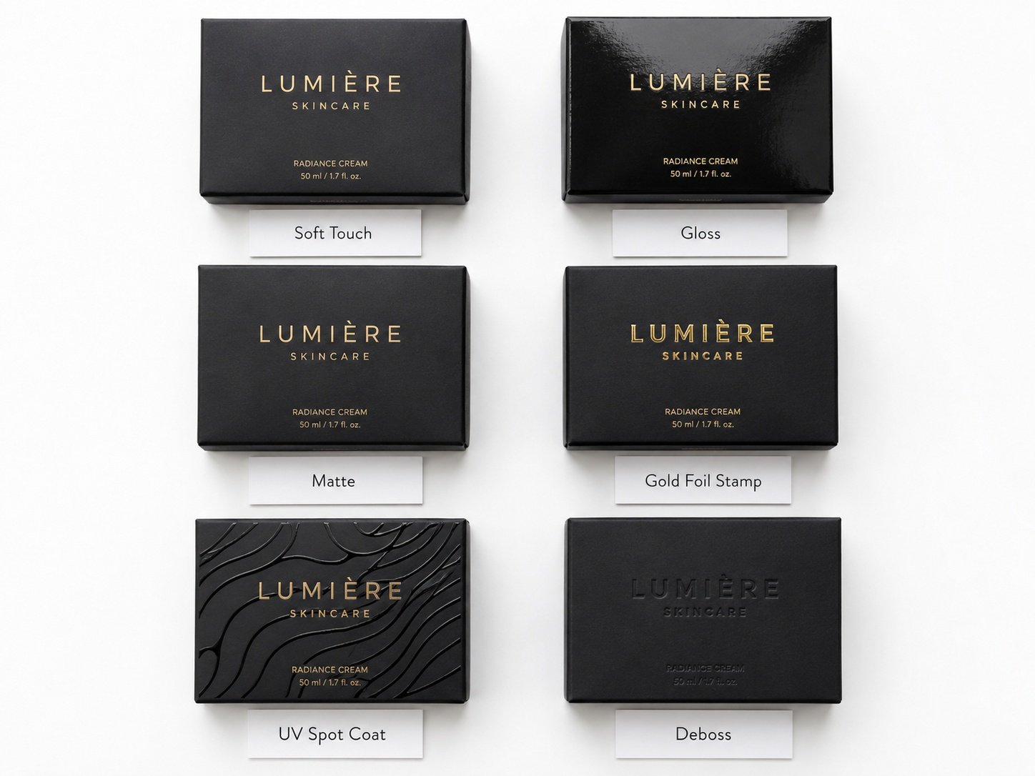 Cosmetic box finish options soft touch gloss matte foil comparison for UK beauty brands