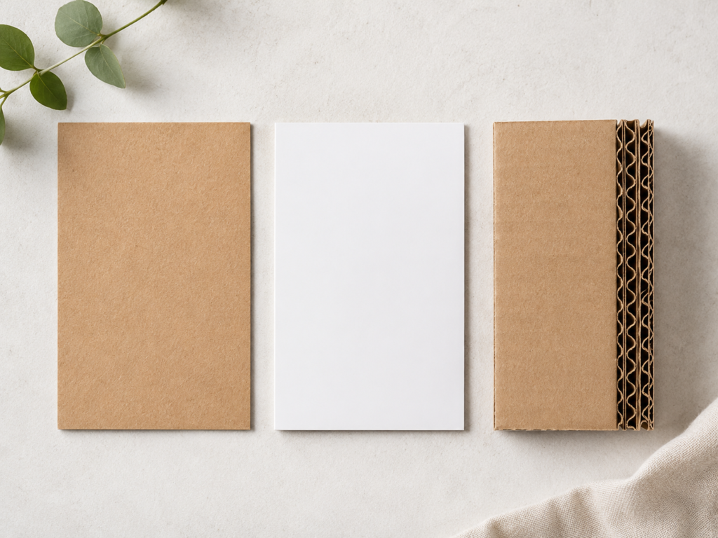 Kraft paper, SBS paperboard, and corrugated board material samples arranged side by side for comparison