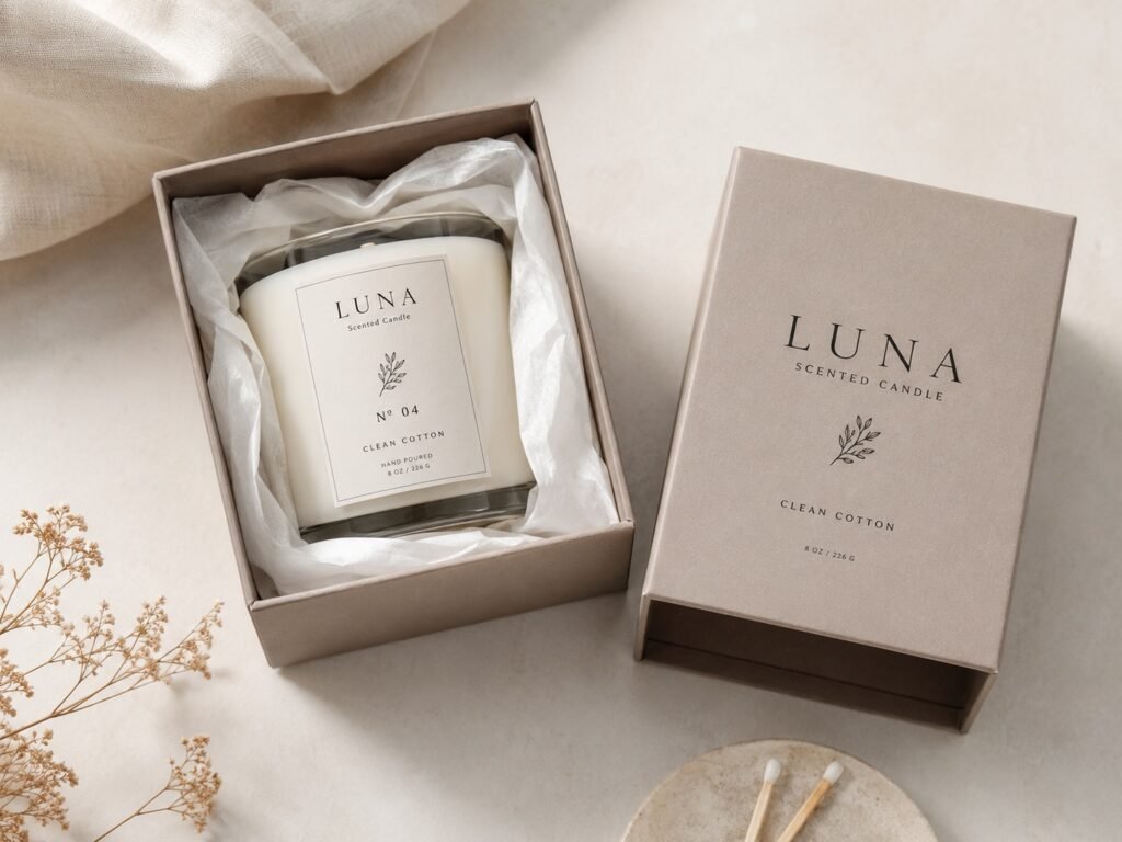 Candle in a rigid gift box with lid off, tissue paper, and matching sleeve box