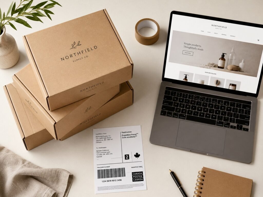Custom-branded shipping boxes with a Canadian shipping label and laptop showing an online store