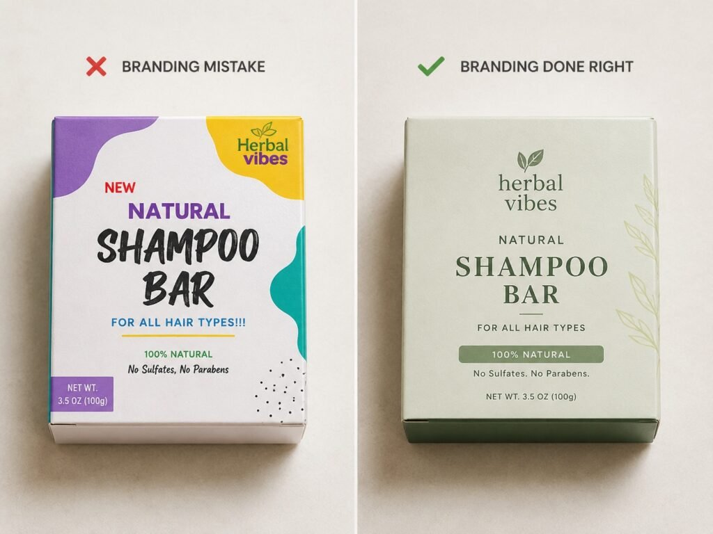 Two versions of the same product box side by side, one mismatched and one with consistent branding