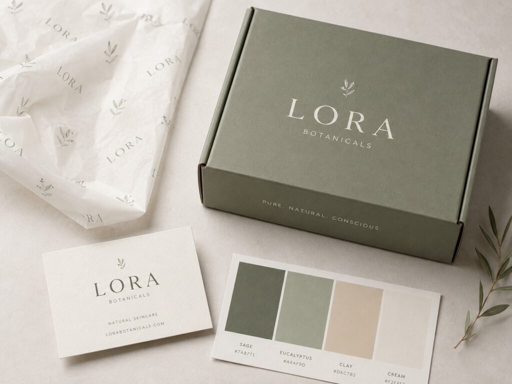Cohesive brand identity system with color swatches, custom printed box, business card, and tissue paper
