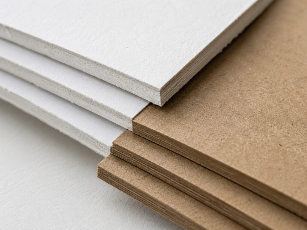 Stacked paperboard and kraft material swatches showing texture contrast