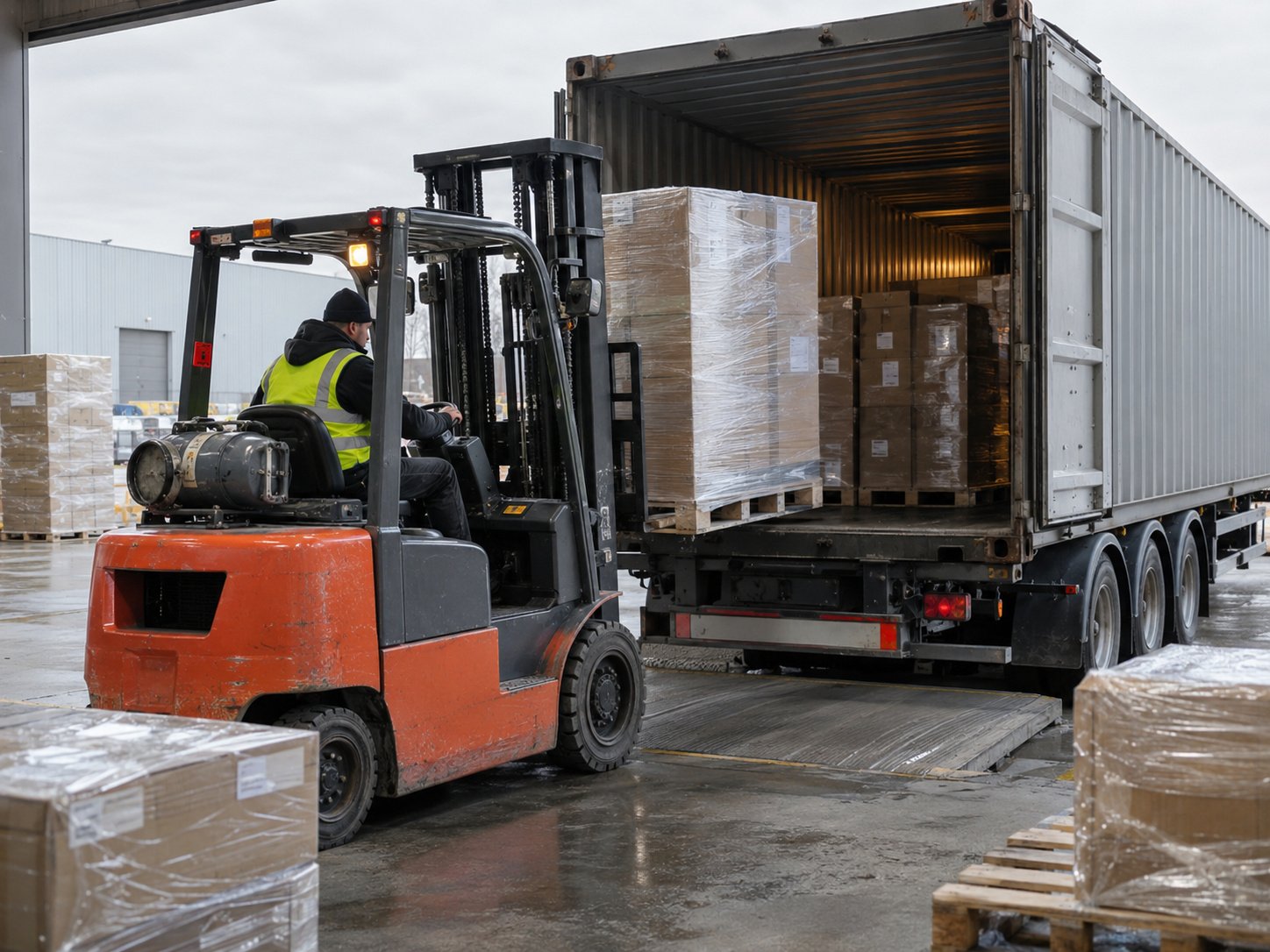 Pallets being loaded into a shipping container at a freight dock