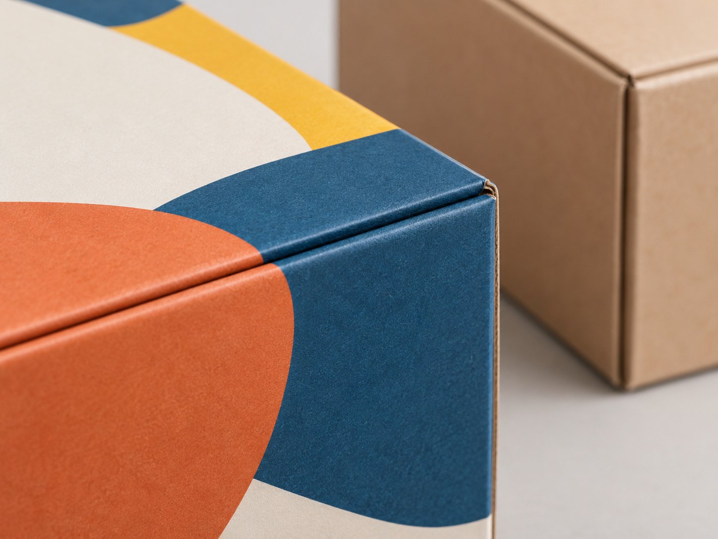 Close-up of a custom box corner showing full-color print and a clean die-cut edge