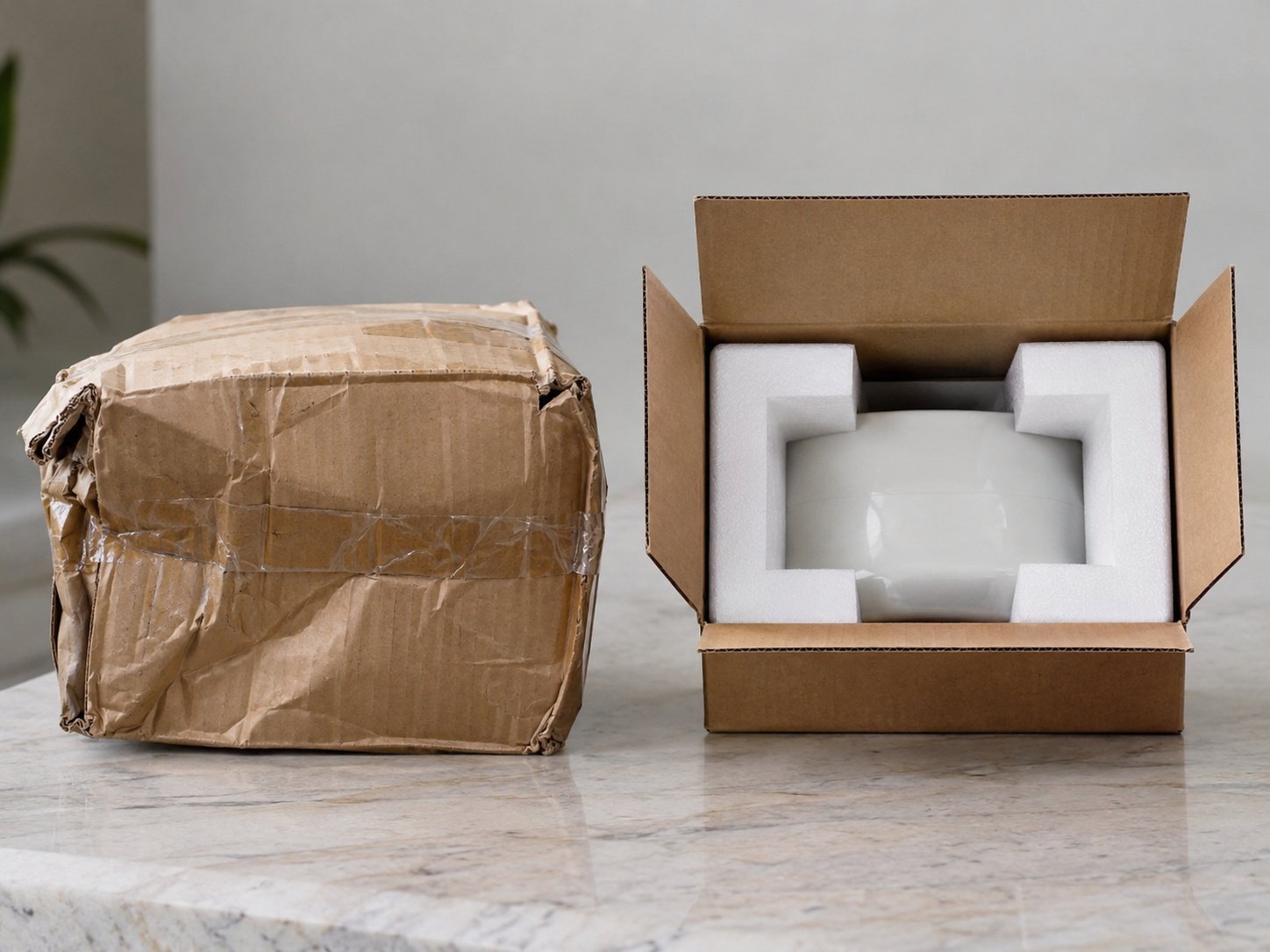 A crushed shipping box next to an undamaged box with a snug-fit protective insert