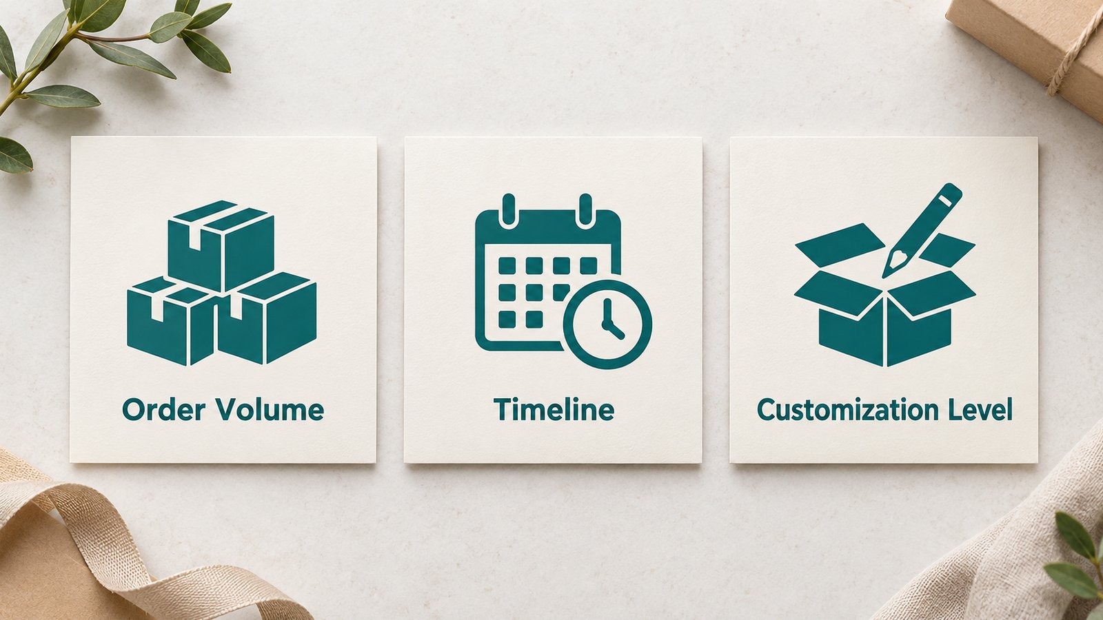 Checklist graphic showing volume, timeline, and customization criteria
