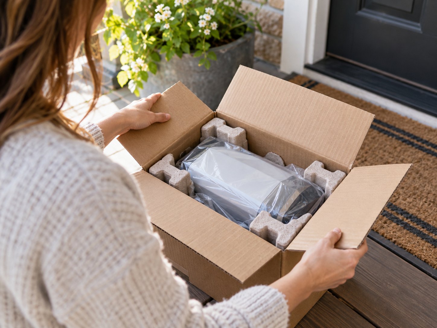 Customer unboxing a delivered package at their doorstep