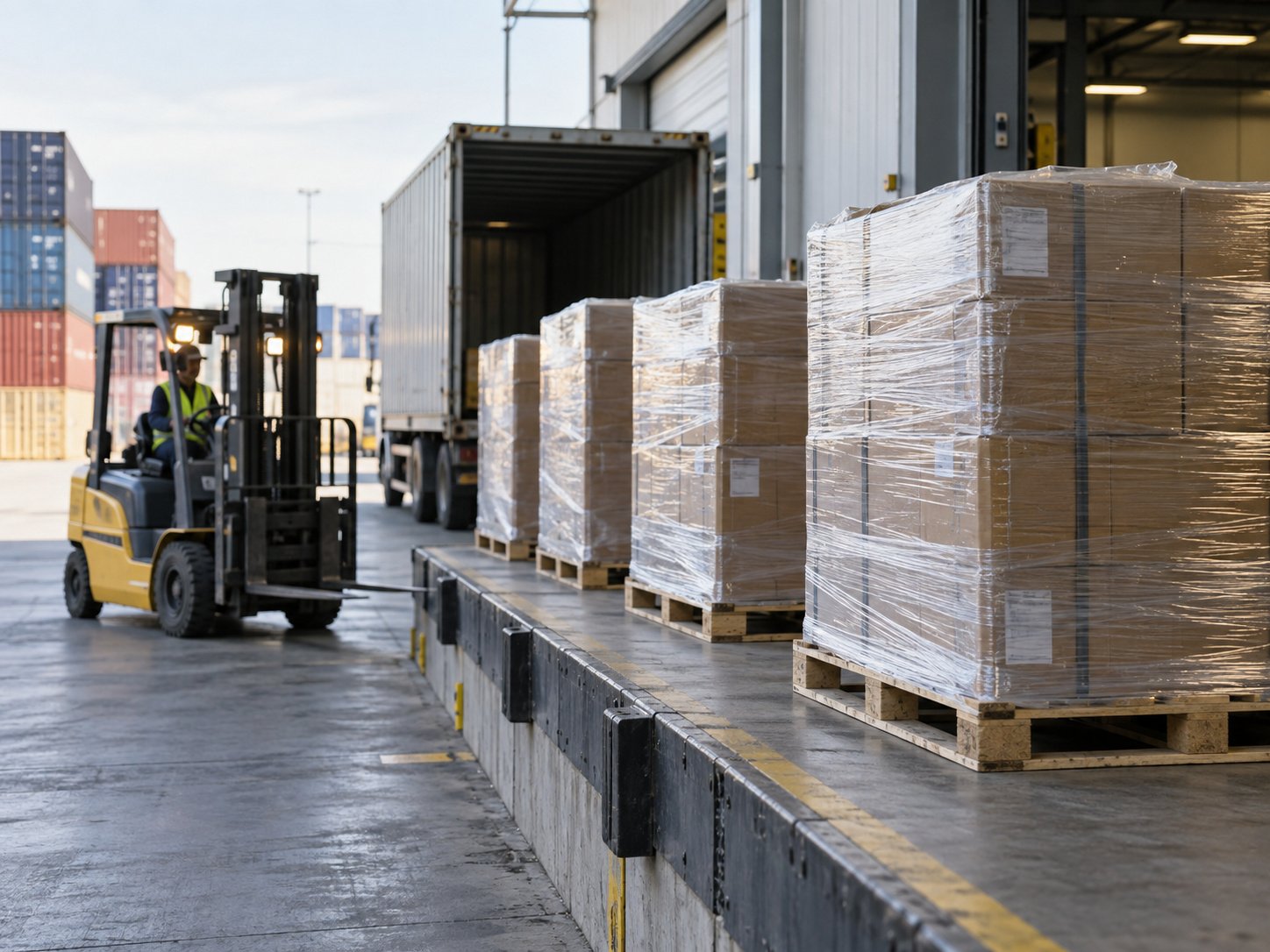 Shipping pallets wrapped for freight at a loading dock