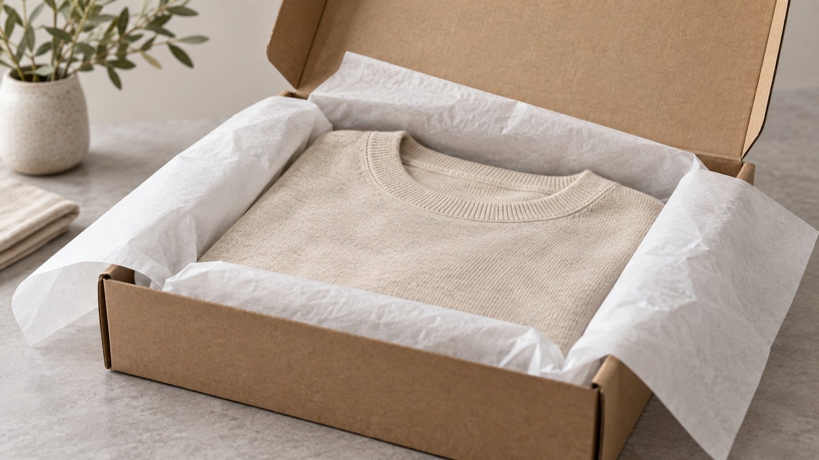Flat-packed apparel shipping box with a folded garment and tissue paper visible inside