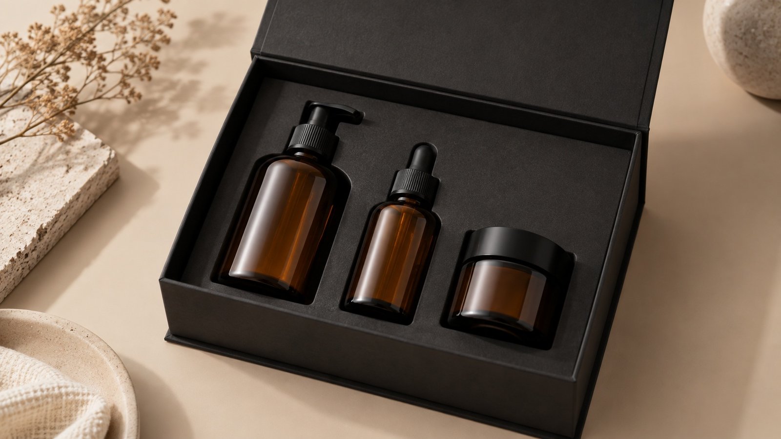 Open magnetic rigid gift box with skincare bottles secured in a custom insert
