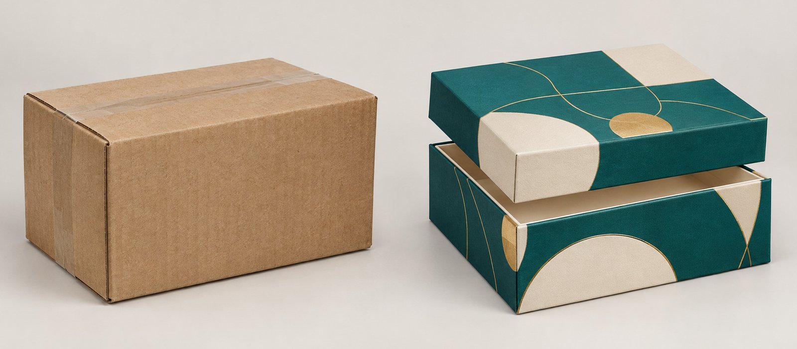 Plain stock shipping box next to a branded custom rigid gift box