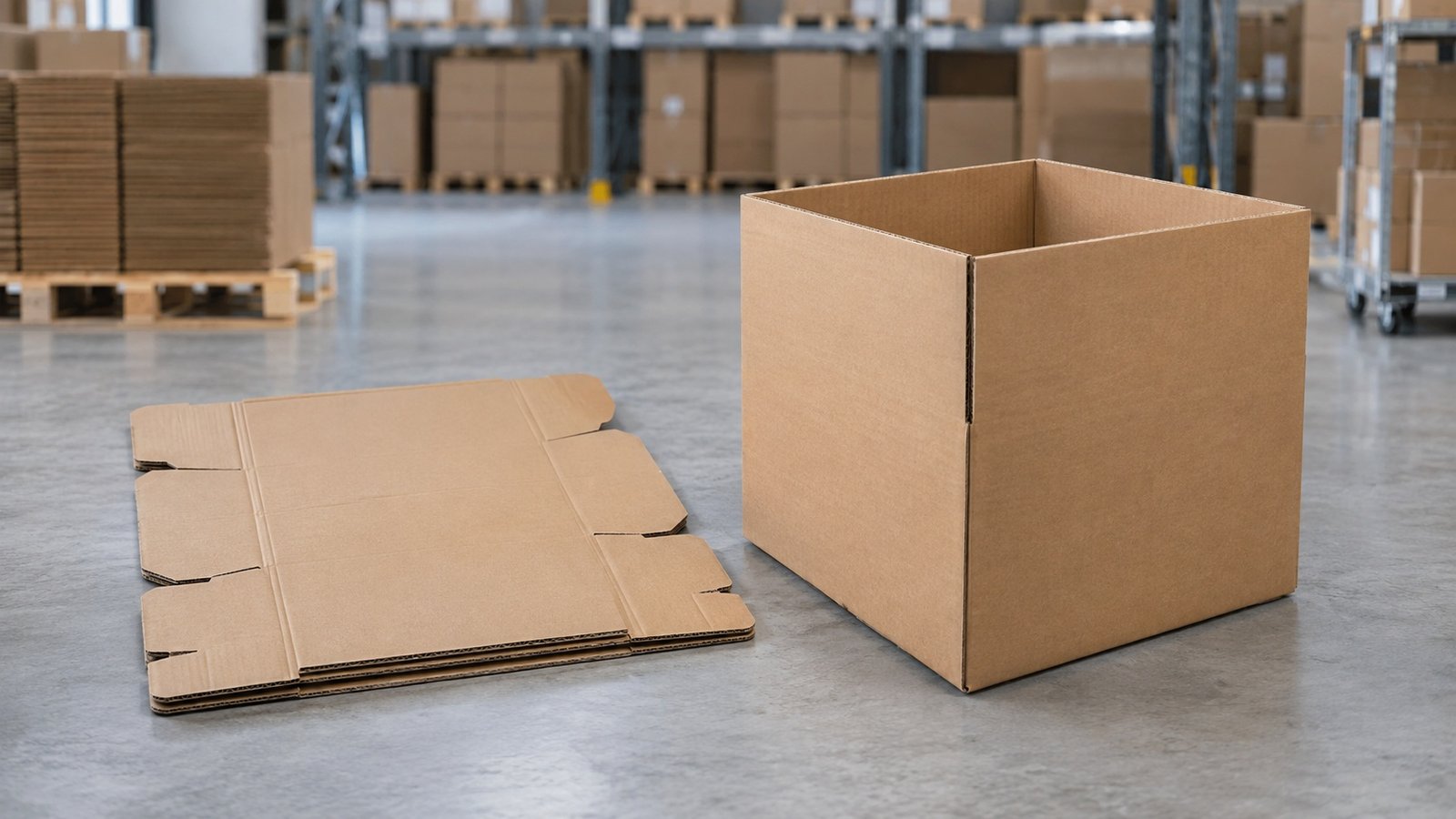 Flat-packed collapsible shipping box shown next to the same box assembled