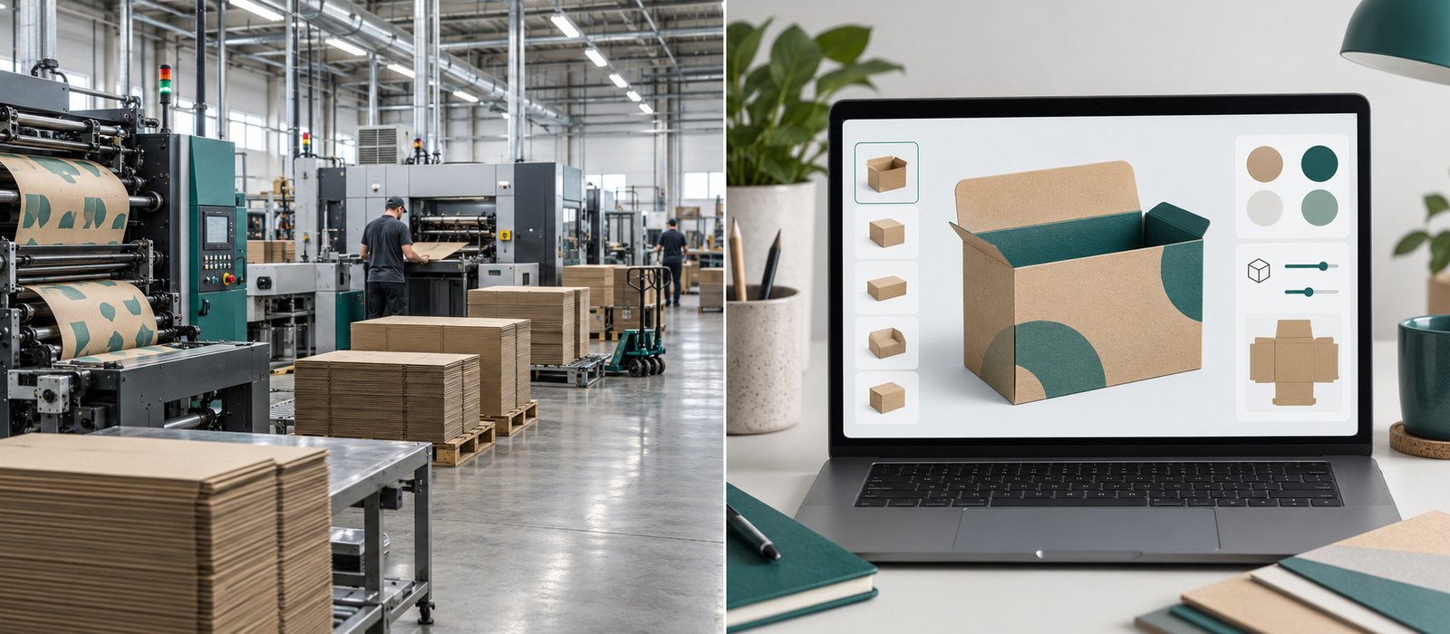Split image contrasting a factory production floor with an online packaging design platform