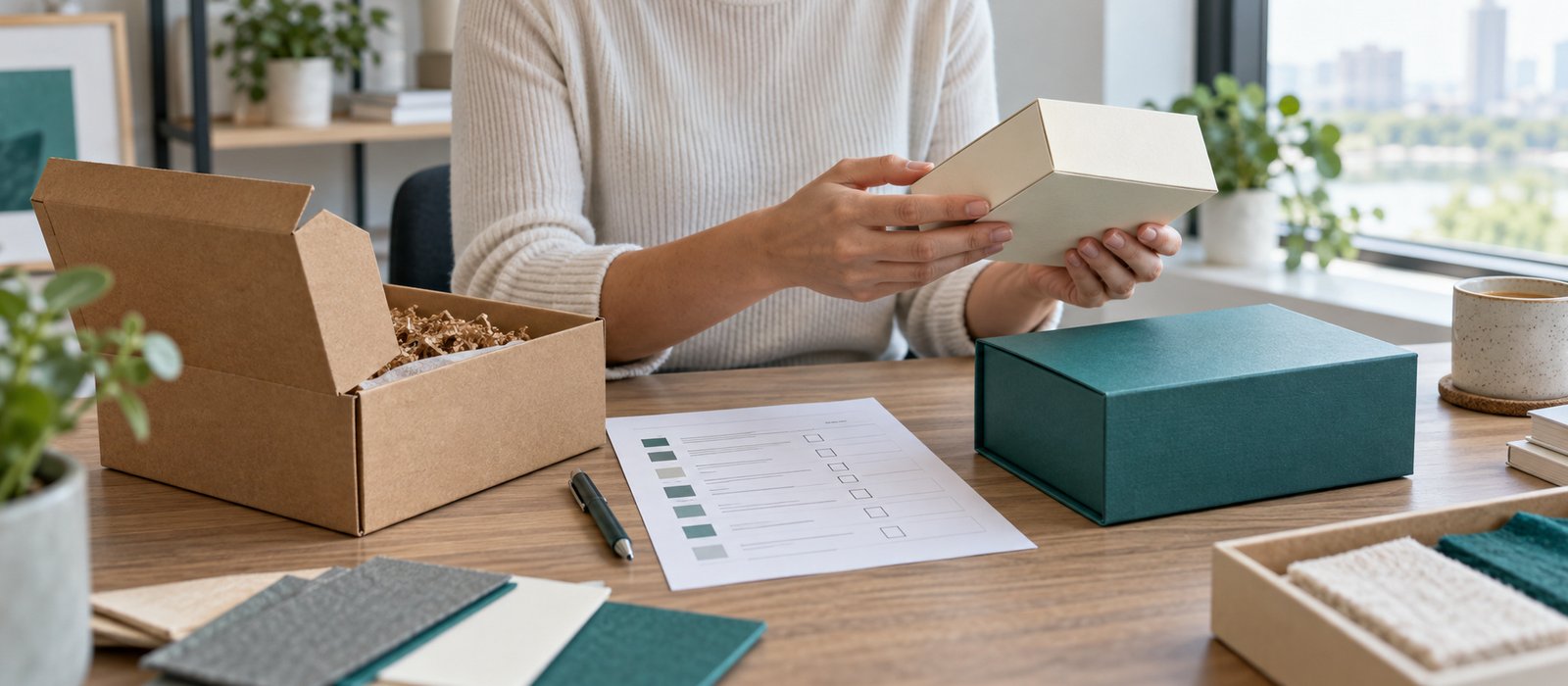 Buyer comparing packaging samples and a decision checklist