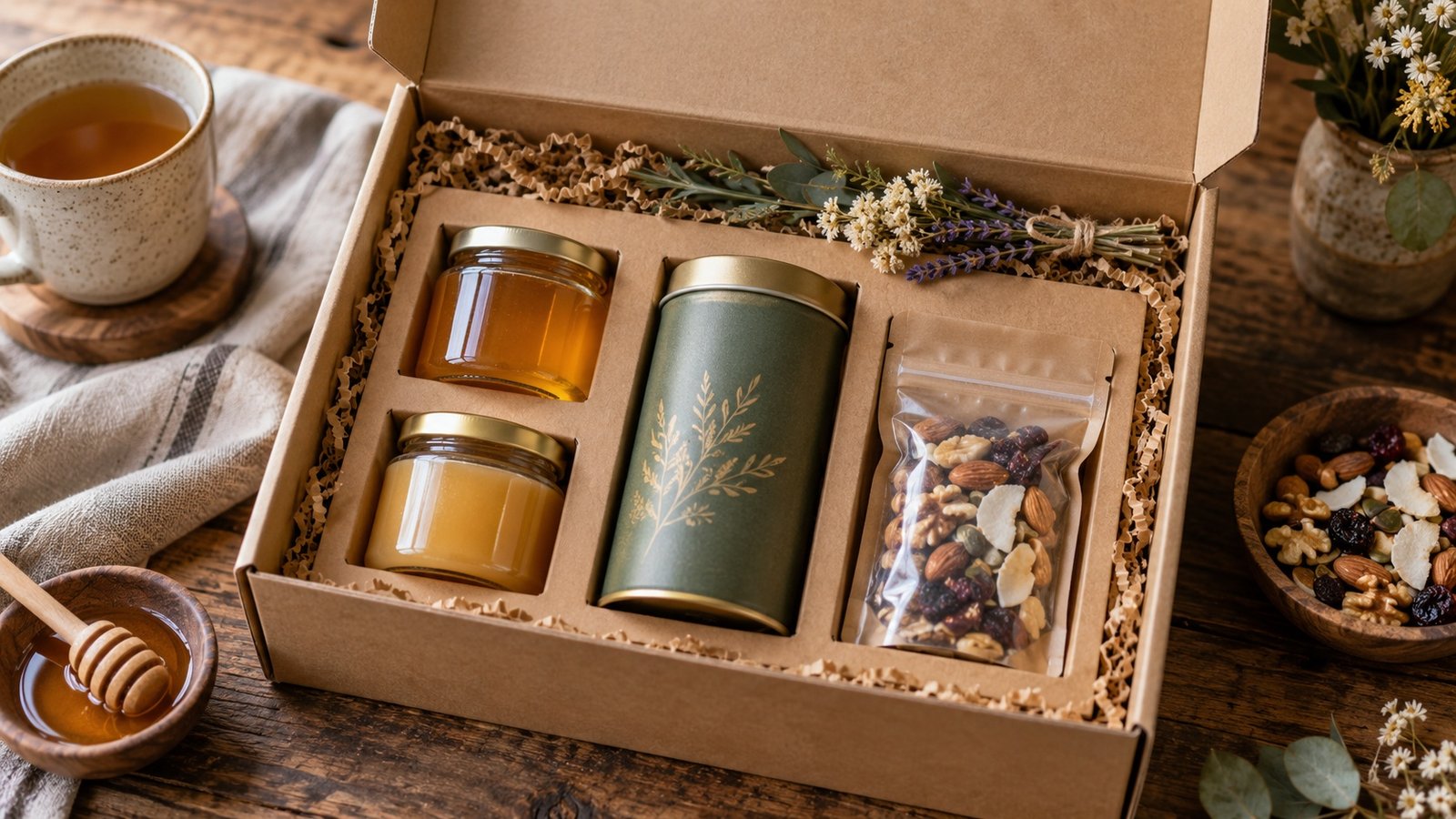 Open kraft gift hamper box with jars, tea tin, and snack pouch in a custom insert