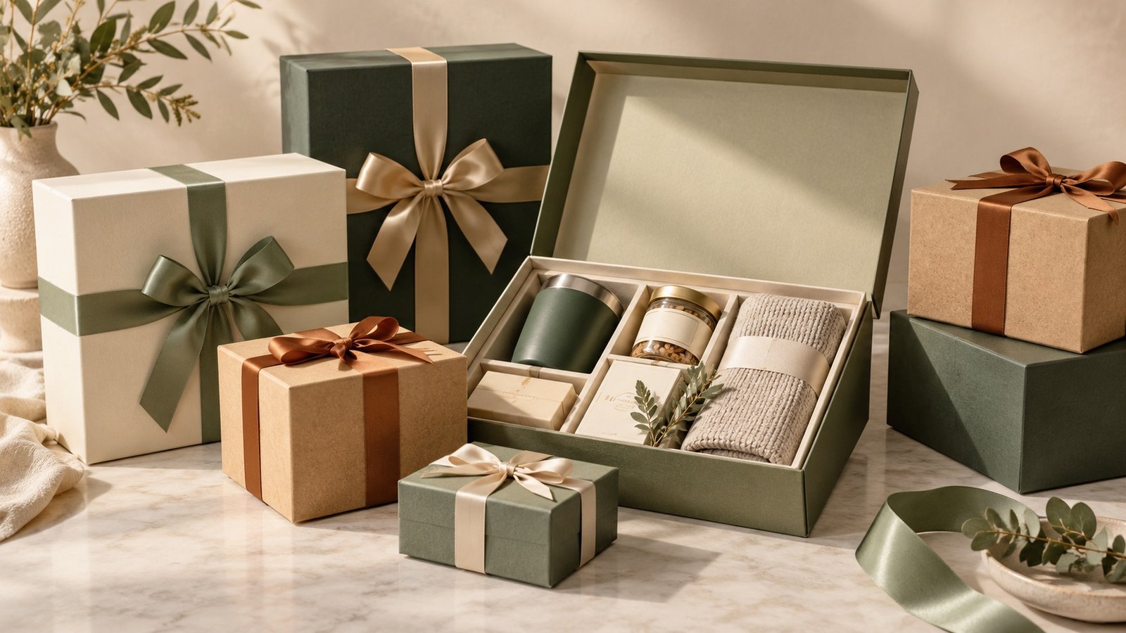 Assortment of gift boxes with ribbon-ready structures, one open showing a multi-item set