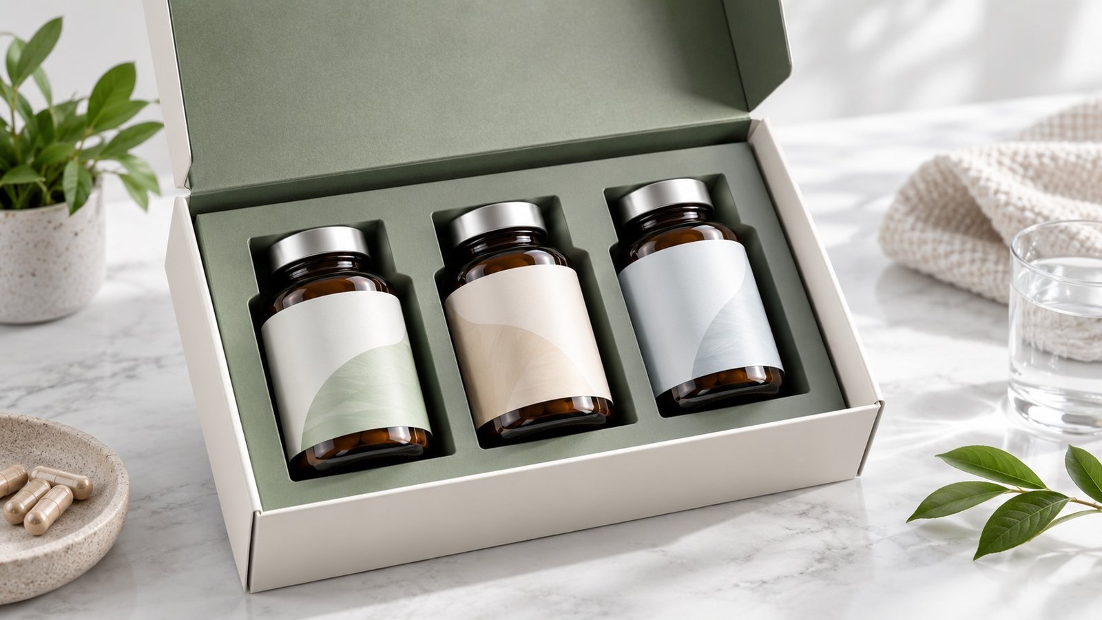 Open packaging box with a custom insert holding three supplement bottles