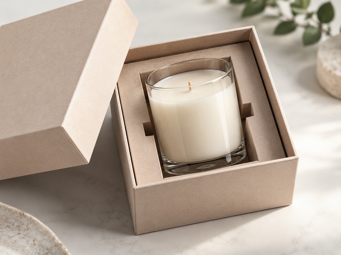 Open packaging box with a custom foam insert cradling a ceramic vase and a candle