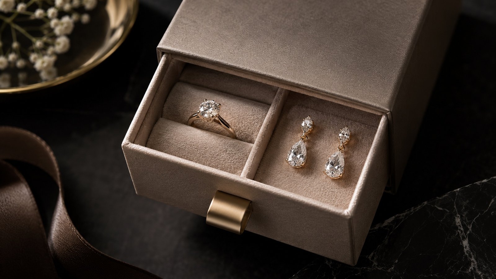 Small velvet-lined jewelry drawer box with a ring and earrings in custom foam inserts