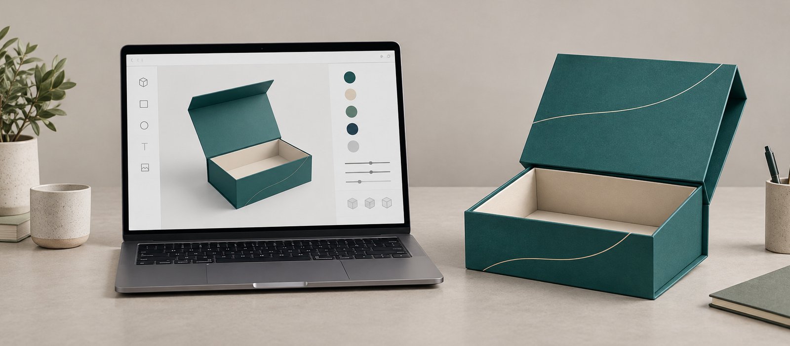 Online packaging design tool interface next to a factory-produced rigid box