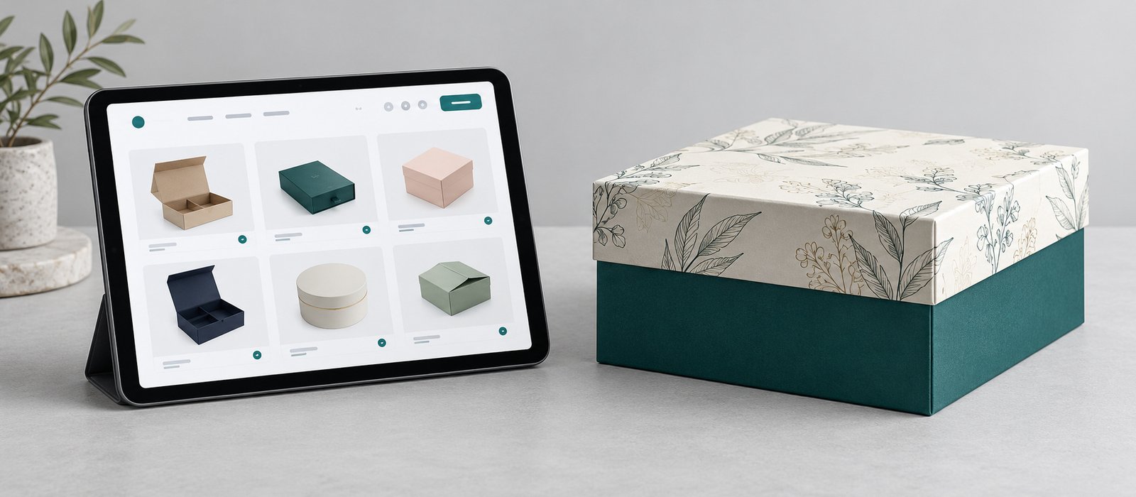 Online packaging platform interface next to a factory-produced rigid box