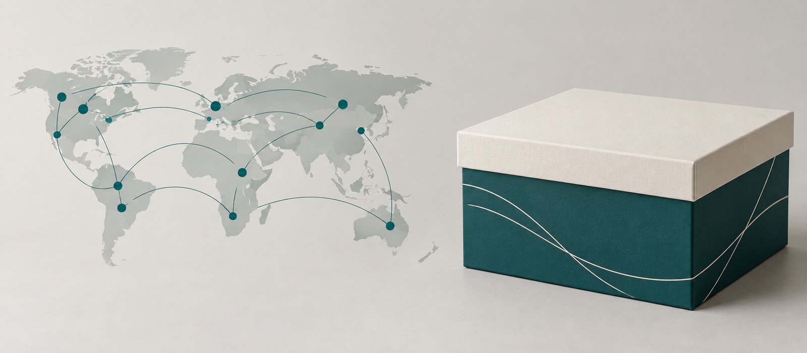 Global supply chain network map next to a factory-produced rigid box