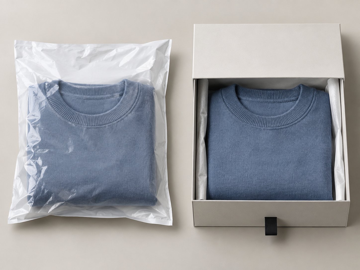 A folded garment in a poly mailer bag next to the same garment in a rigid drawer box