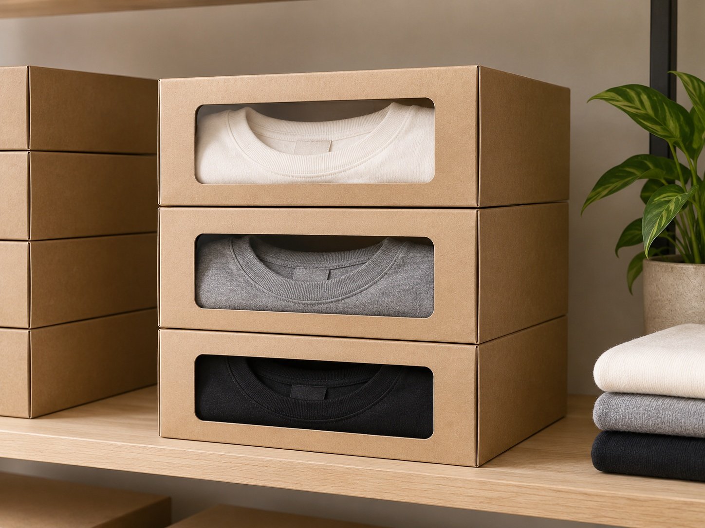 Stack of retail-ready apparel boxes with minimal kraft branding
