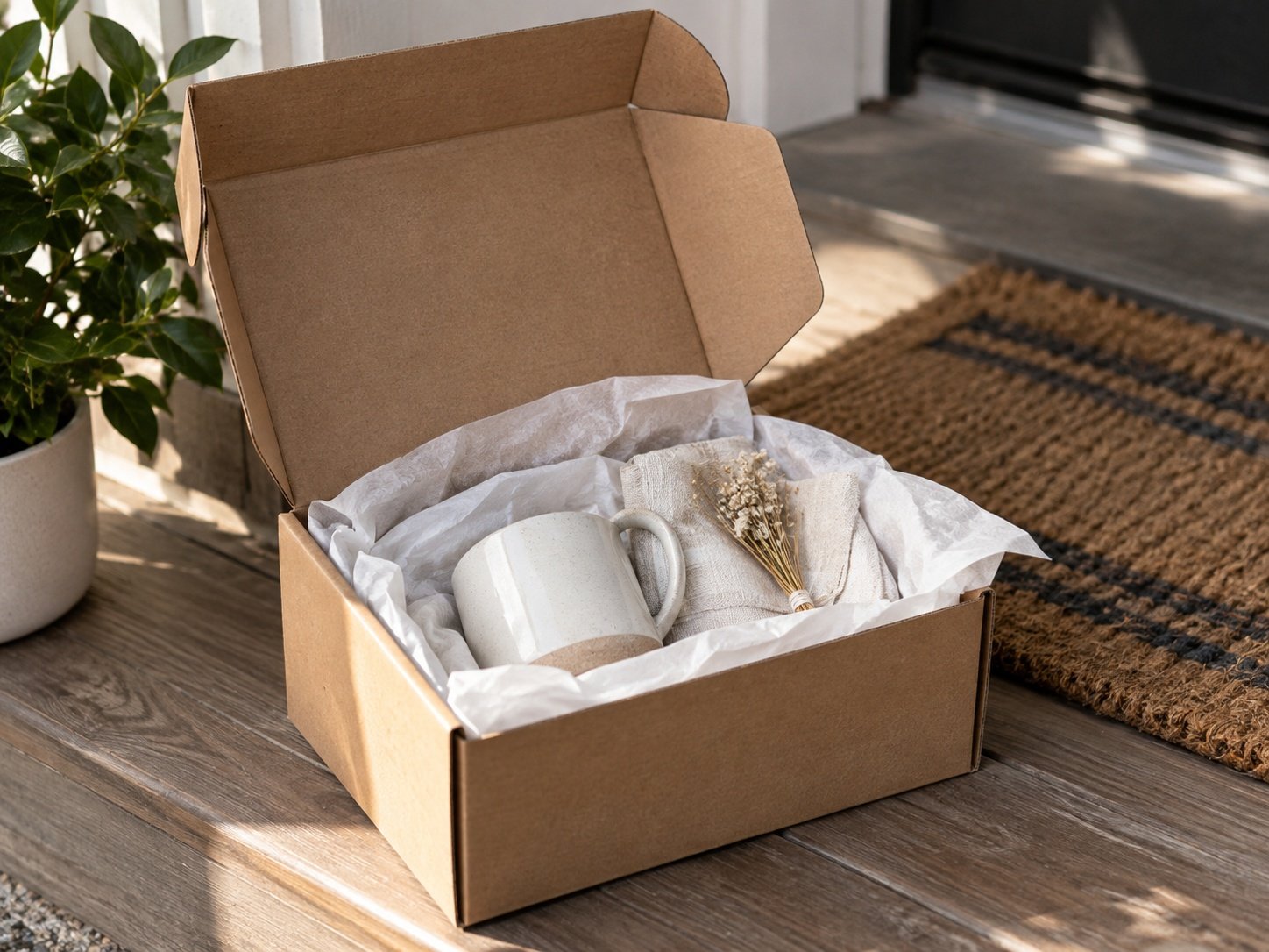 Unbranded shipping mailer box open with tissue paper and product inside