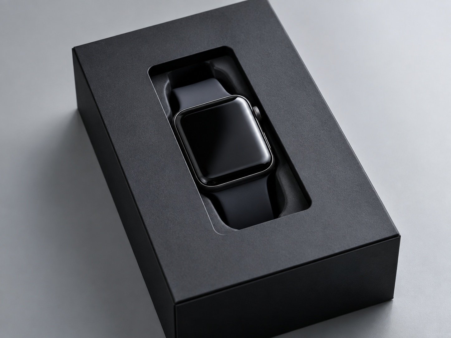 Matte black rigid electronics box with a die-cut window revealing a device