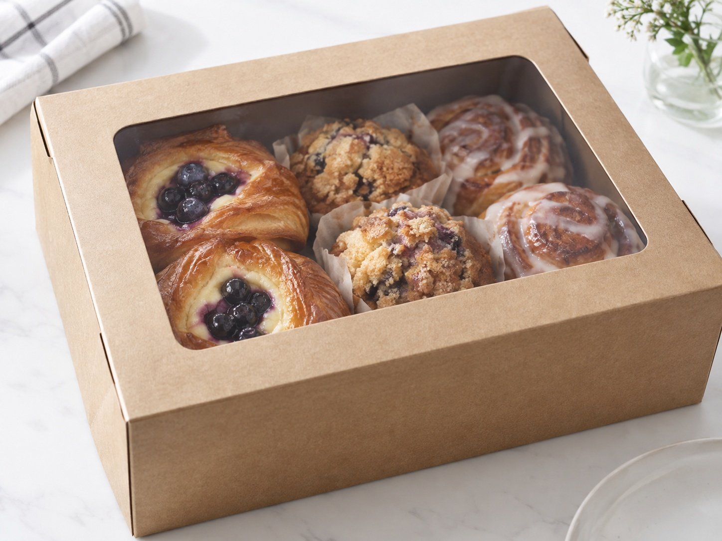 Kraft bakery box with die-cut window showing pastries inside